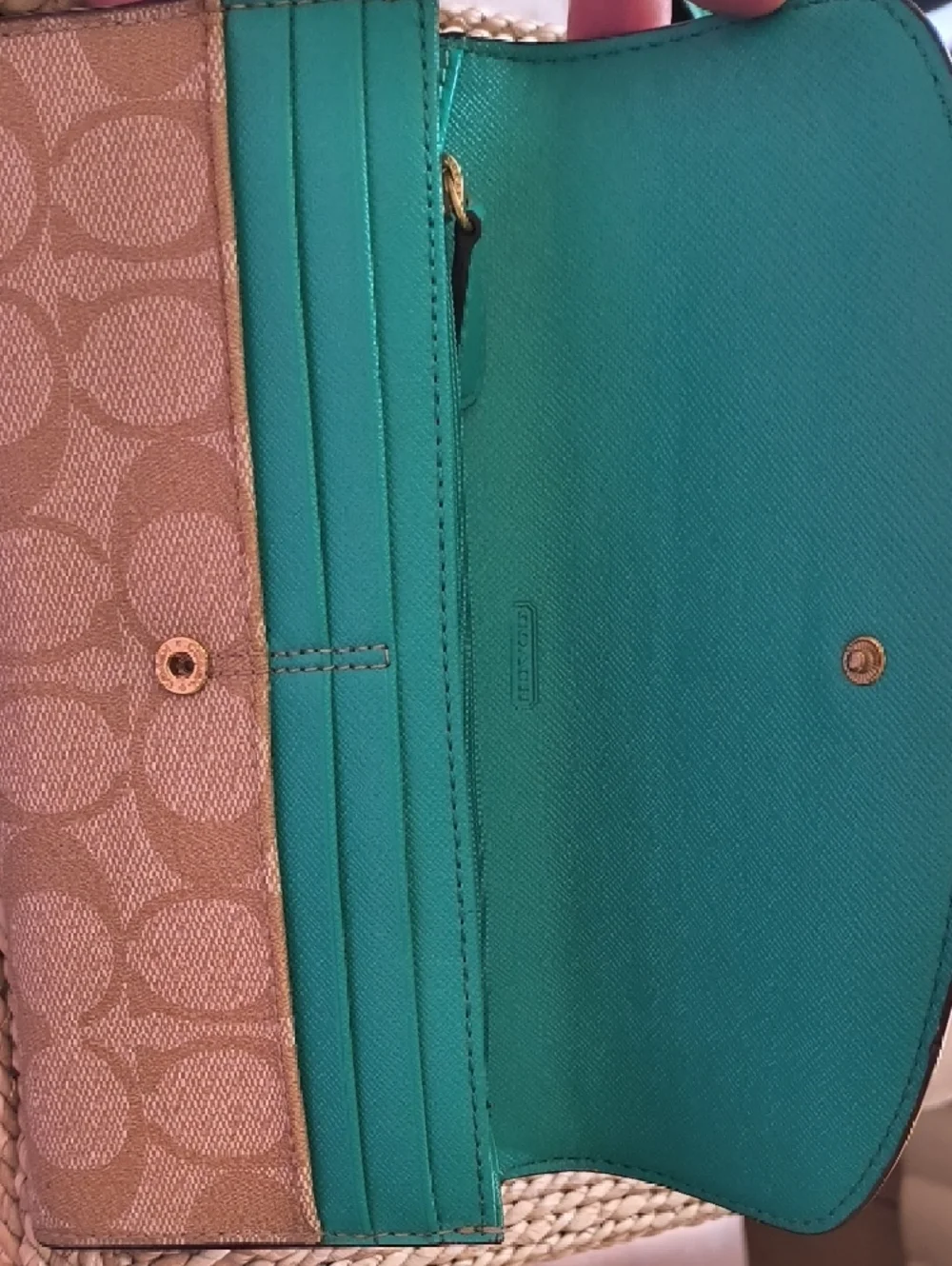 Coach Khaki Signature Canvas Continental Wallet with Green Accent - Picture 4 of 7